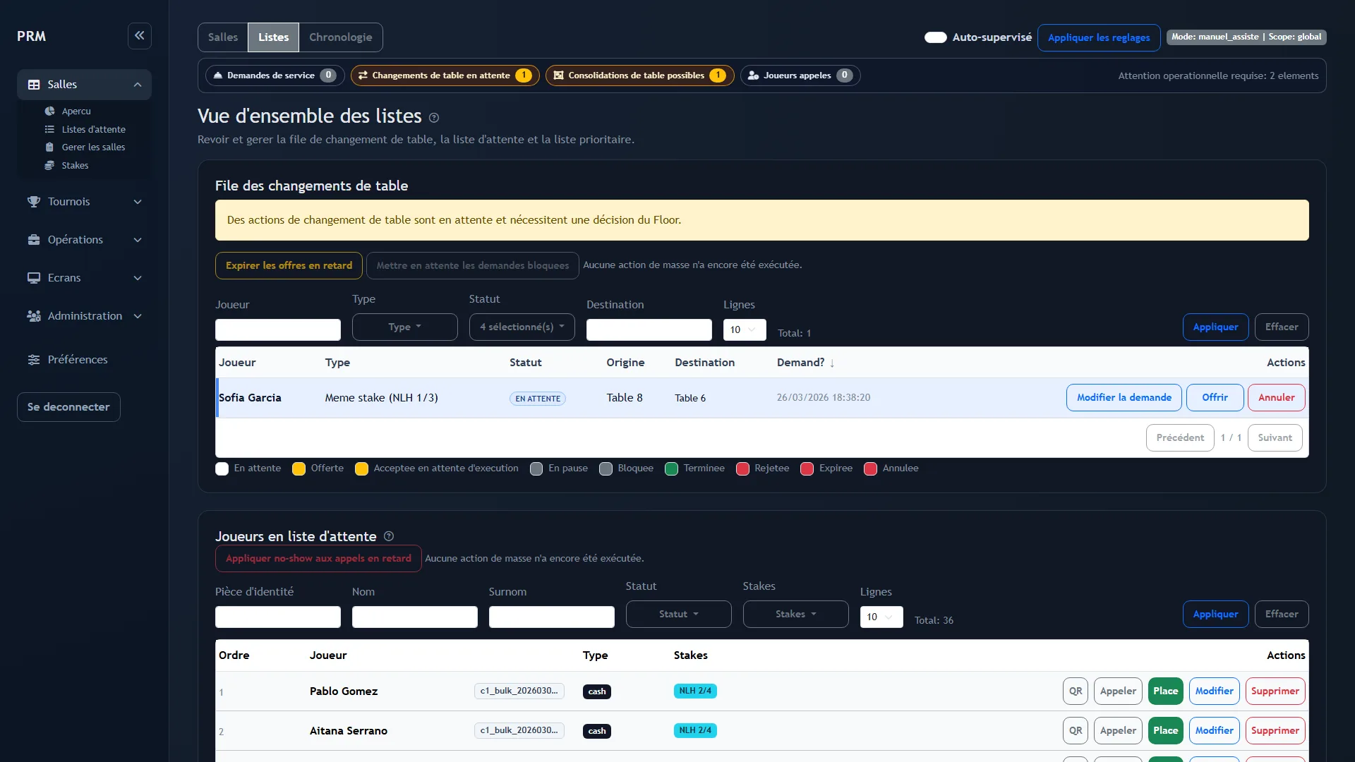 Waitlists et priorite joueurs dans Poker Room Manager